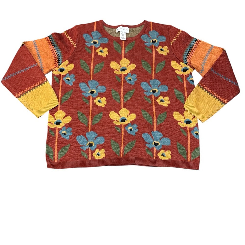 Alfred Dunner Granycore Harvest Moon Flower Crew Neck Fall Cozy Sweater